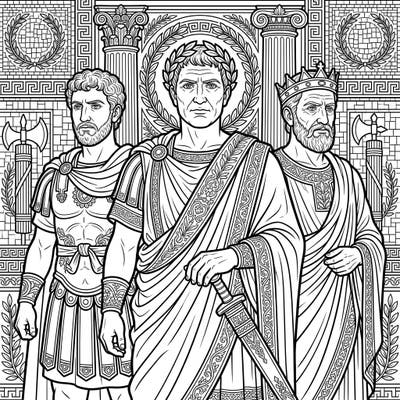 Step into the grandeur of ancient Rome with this captivating coloring page featuring powerful Roman Emperors. Designed with clear lines and mature themes, it offers a relaxing and engaging coloring experience for seniors.