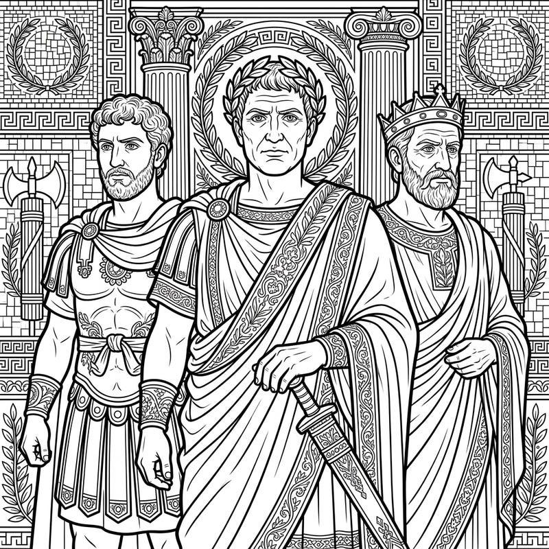 Step into the grandeur of ancient Rome with this captivating coloring page featuring powerful Roman Emperors. Designed with clear lines and mature themes, it offers a relaxing and engaging coloring experience for seniors.