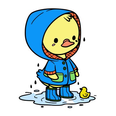 baby duck in a rain coat and boots, in a puddle while it’s raining