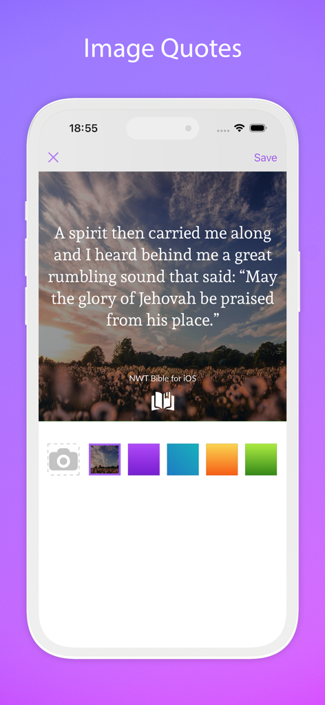 Jehovah’s Witnesses NWT Bible - Bildschirm der Jehovas Zeugen NWÜ Bibel-App, der einen Schriftvers über einem Landschaftsbild für die gemeinsame Nutzung in sozialen Medien zeigt.