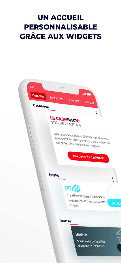 Customizable home screen of L'Appli SG mobile banking with widgets for cashback and stock market.