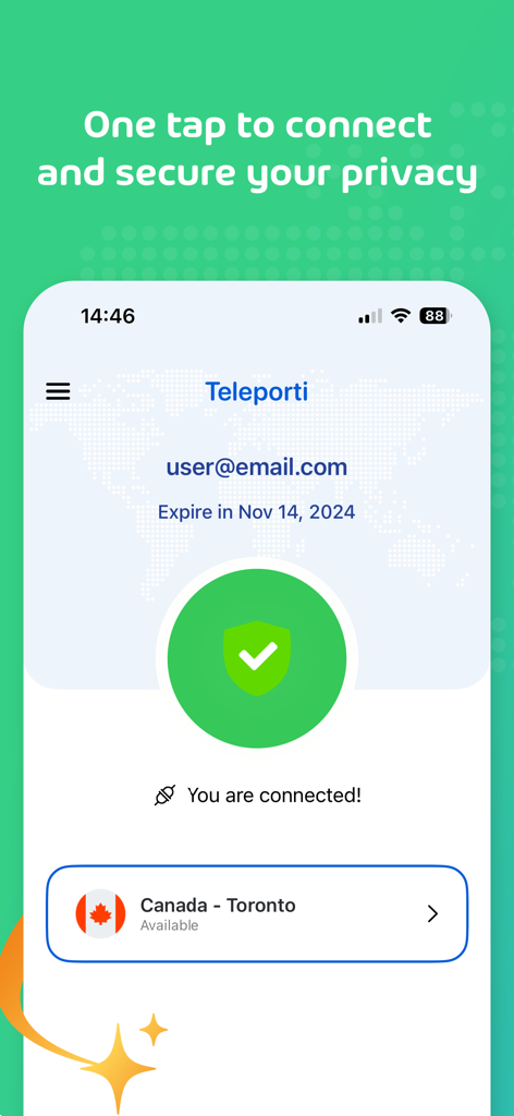 Teleporti - Teleporti VPN mobile app interface showing a successful secure connection to a server in Toronto Canada with a one-tap privacy message