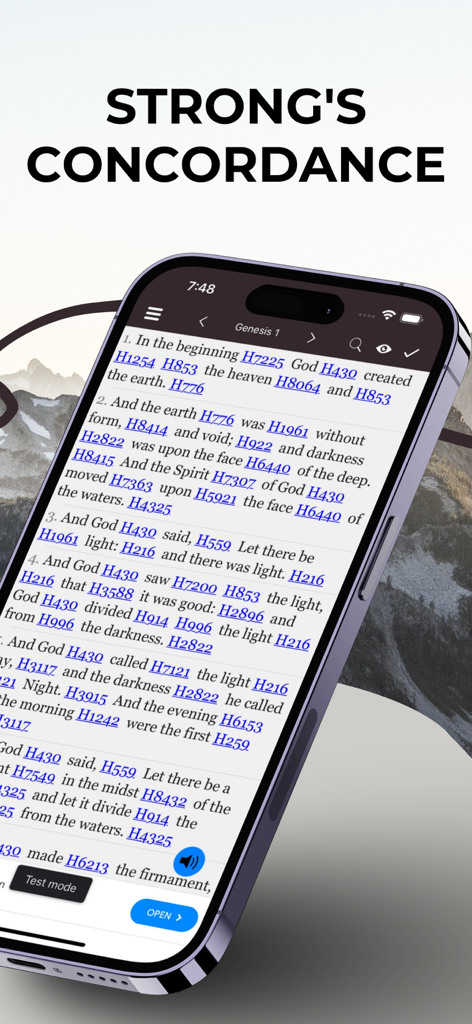 Strong's Concordance - Smartphone screen displaying Strong's Concordance with Bible verses and reference numbers for Hebrew and Greek word study.
