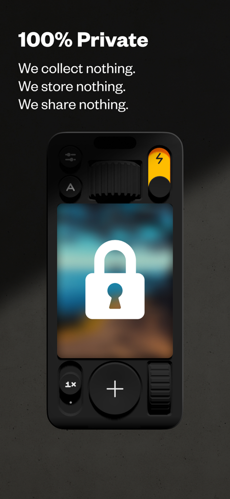 Not Boring Camera app interface displaying its 100 percent private policy with a white padlock icon over a 3D camera viewfinder.