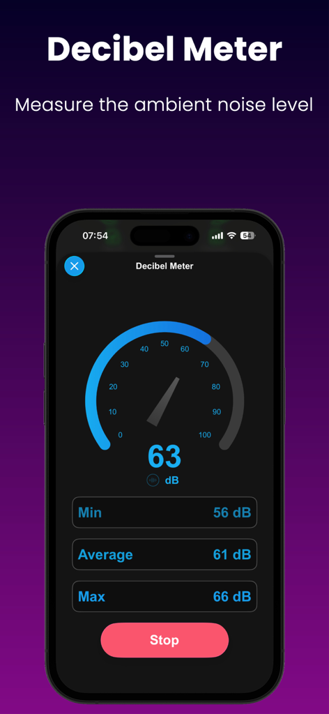 Decibel meter interface in Device Monitor Z app showing real time ambient noise levels