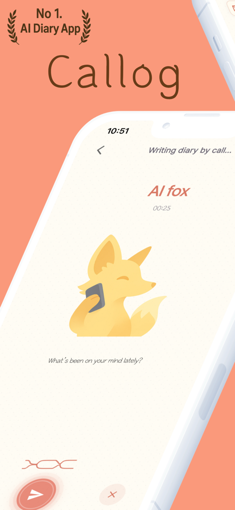 Callog - AI Diary - Screenshot of Callog AI Diary app featuring a cute fox character during a voice call session for journaling.