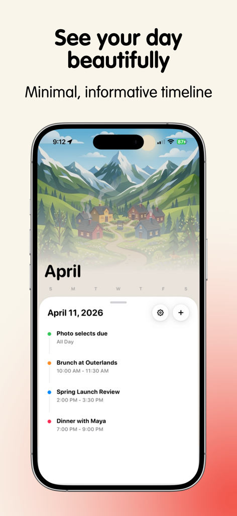 Frames: Photo Calendar App - A minimal timeline view of a daily schedule within the Frames photo calendar app featuring a mountain illustration and clean layout.