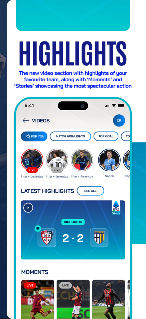 Schermata degli highlights e delle storie video dell'app Lega Serie A