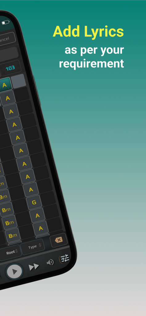 ChordU - get chords & notes - Smartphone screen showing the ChordU app interface with a grid of musical chords and a text overlay saying Add Lyrics as per your requirement