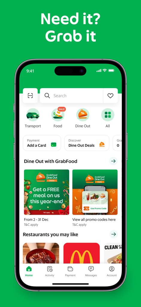 Grab mobile app home screen showing options for transport, food delivery, and restaurant deals.