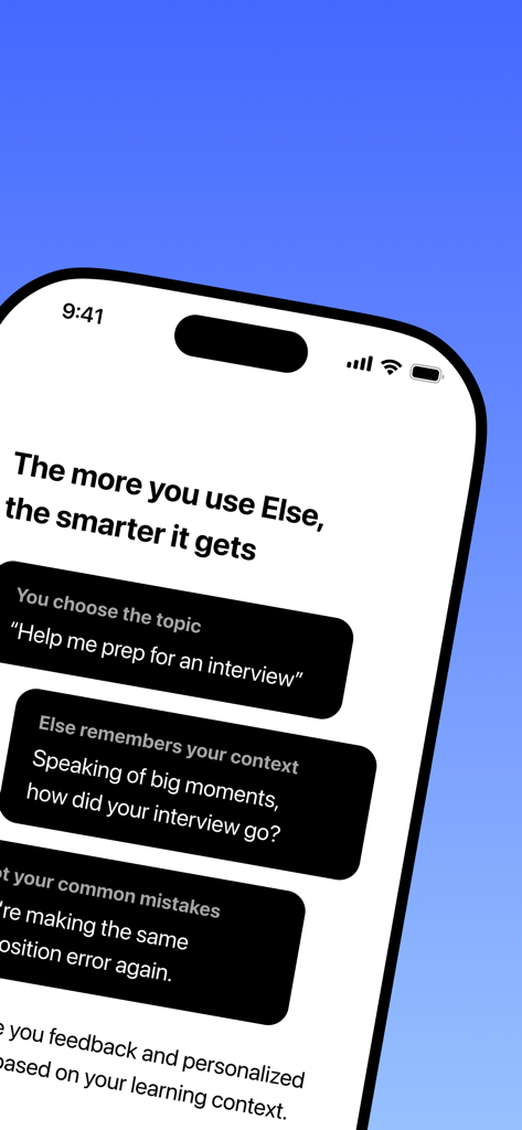 Else: AI English Tutor - Else AI English Tutor-App-Oberfläche, die personalisiertes Feedback und Vorbereitungsfunktionen für Vorstellungsgespräche basierend auf dem Lernkontext zeigt.