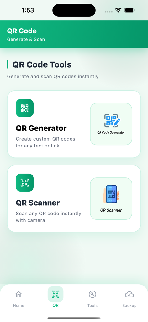 DualChat – WhatSacn Web - QR Code Tools interface in DualChat app showing options for generating and scanning QR codes.