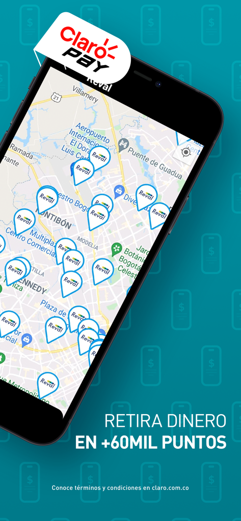 Claro Pay Colombia - Map view in Claro Pay Colombia app showing numerous locations to withdraw cash in Bogota