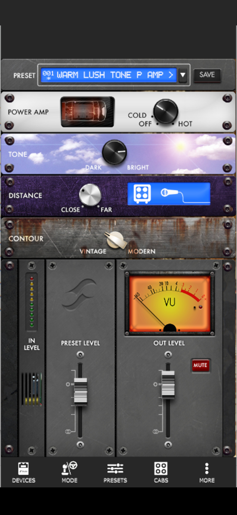 Torpedo Wireless Remote - Gitarrenklang- und Mikrofonplatzierungssteuerungen in der Torpedo Wireless Remote App.