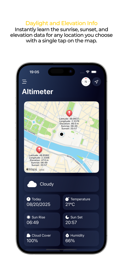 Mobile app interface showing elevation map coordinates and weather information