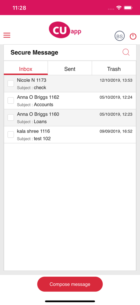 Credit Union App - Secure message inbox screen in the Credit Union app displaying received messages about accounts and loans