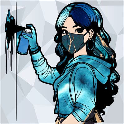 realistic girl with mask spray painting a wall