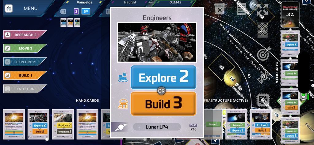 SpaceCorp - SpaceCorpゲームインターフェース、宇宙探検マップ上に「探検」または「建築」のオプションを持つEngineersカードを表示