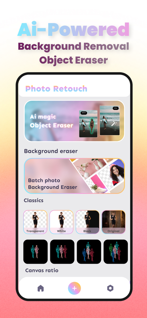 Interface of Ai Photo Background Eraser app showing tools for object removal and background editing