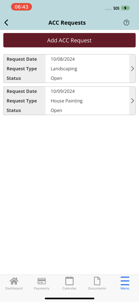 A tela de solicitações do Comitê de Controle Arquitetônico no aplicativo PARAGON FS mostrando uma lista de solicitações de manutenção abertas para paisagismo e pintura de casas.
