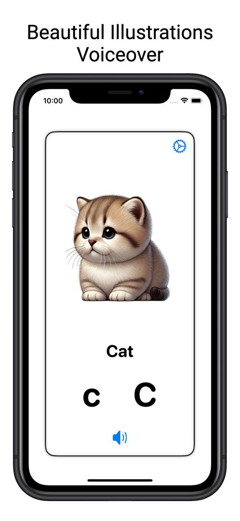 Alphabet Flash Cards for kids - Cartão de alfabeto mostrando uma ilustração de gatinho para a letra C com letras maiúsculas e minúsculas