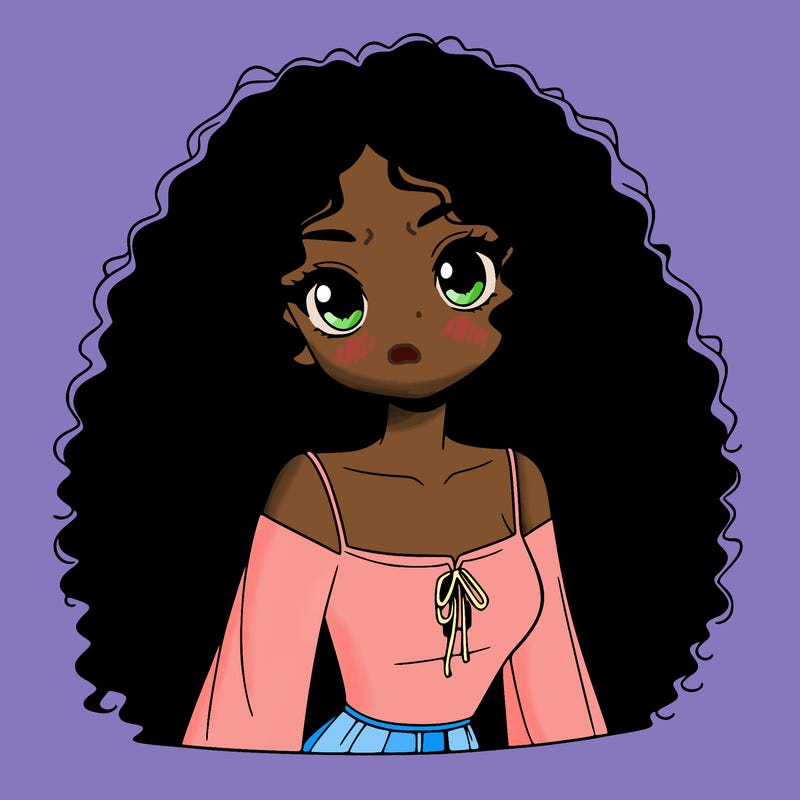 a black anime girl with long afro hair
