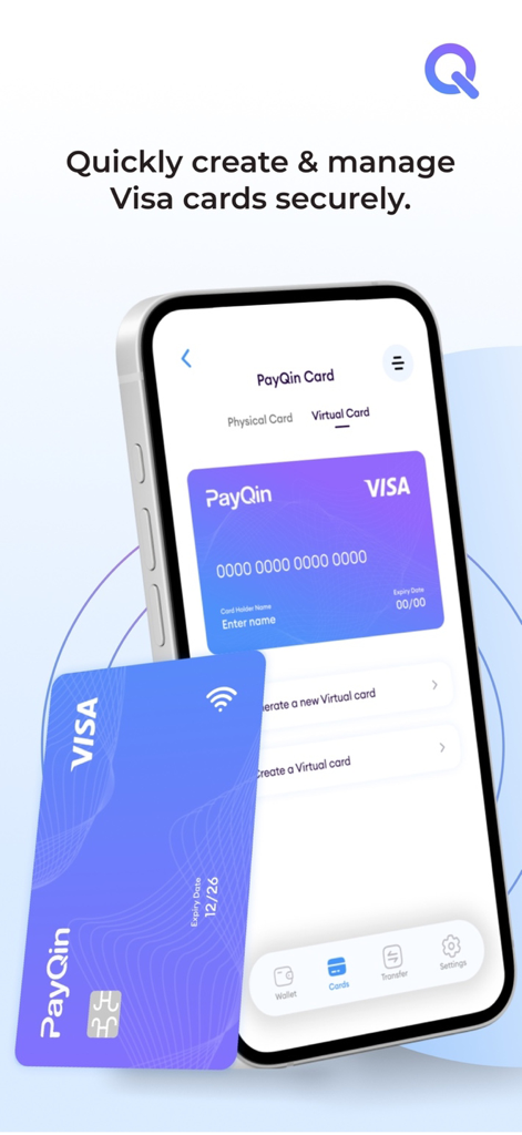PayQin mobile app interface for creating and managing virtual and physical Visa cards