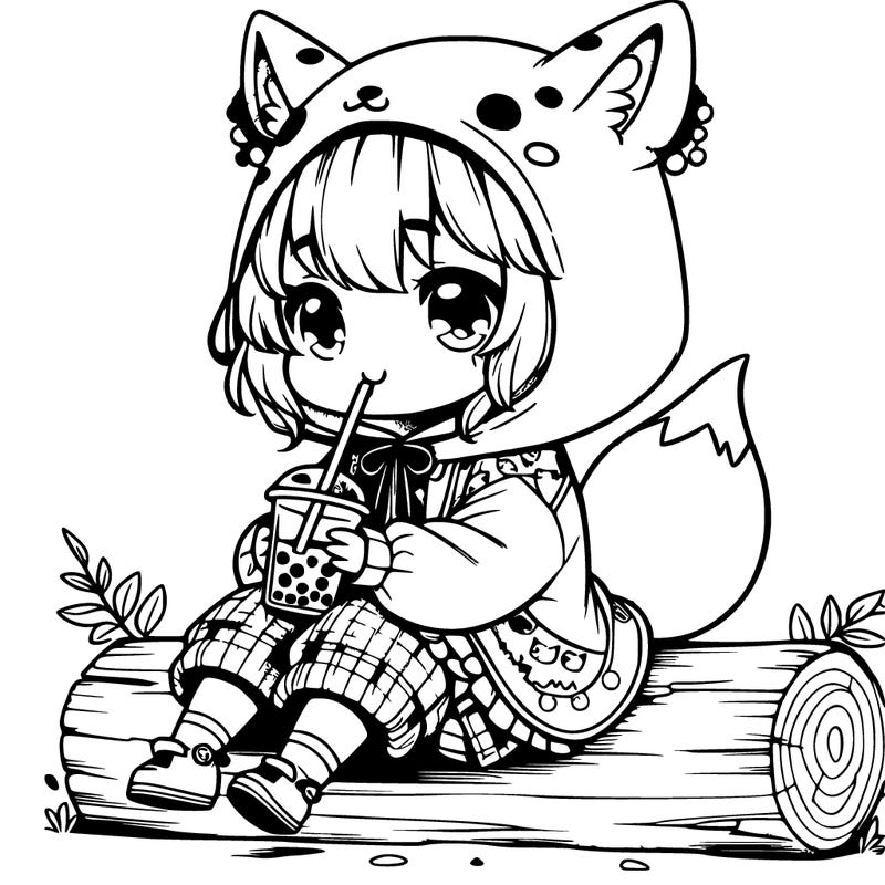 a cute anime realistic girl who is wearing a cute fox onesie and is drinking boba sitting on a log