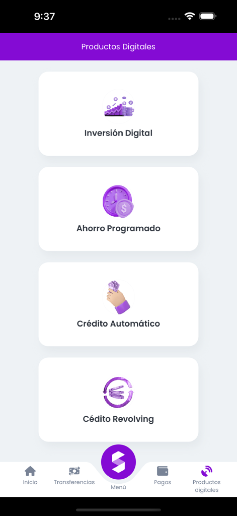 El Sagrario - Pantalla de la aplicación El Sagrario que muestra opciones de inversión digital, ahorro y crédito