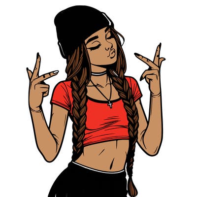 realistic teenage girl with braids and a beanie and crop top doing 🫶🏼