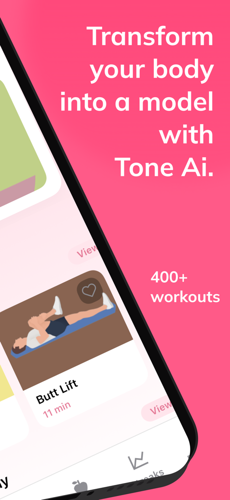 A pink interface for the Tone AI Pilates app displaying a butt lift workout and promotional text about body transformation.