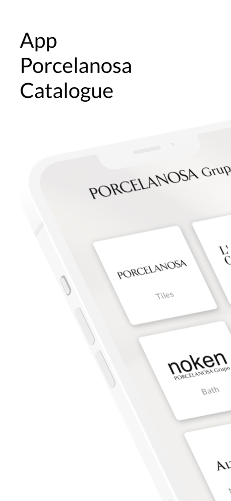 Intro screen of the Porcelanosa interactive catalogue mobile app for tiles and bath fixtures.