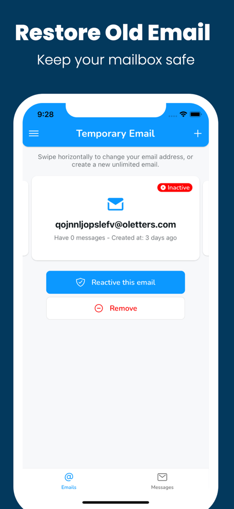 Temp Mailで非アクティブな一時メールアドレスを復元および再アクティブ化する方法を示すインターフェース。