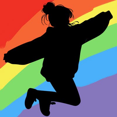 realistic girl jumping with a bun and oversized sweatshirt