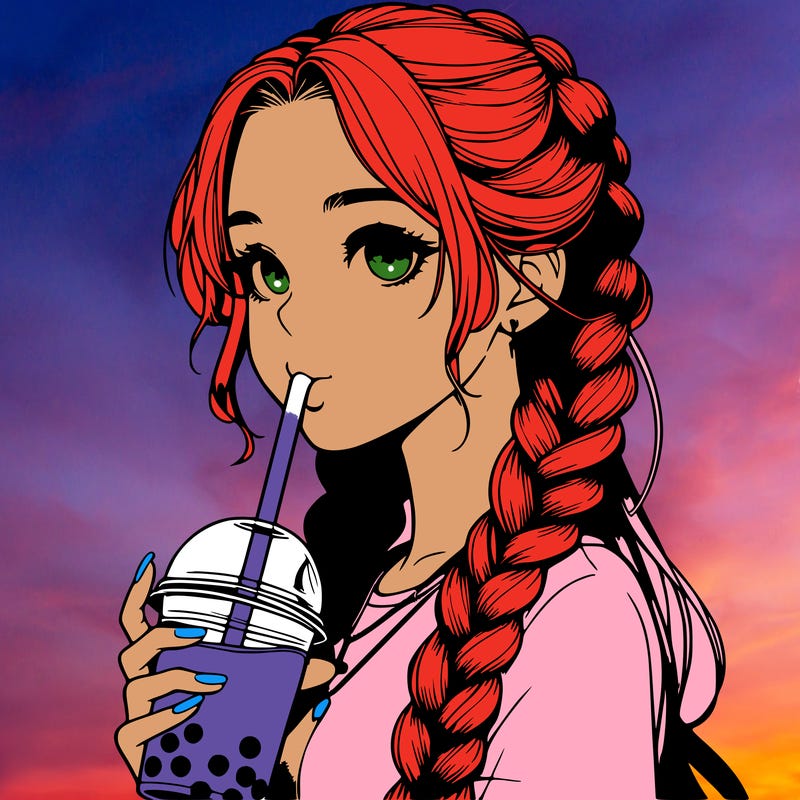 realistic girl with braided hair drinking boba