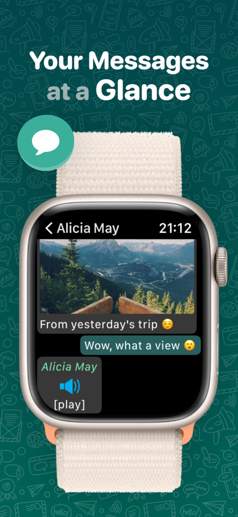 Apple Watch上のWatchChat 2アプリインターフェイスに、写真とボイスメモを含むチャット会話が表示されている様子
