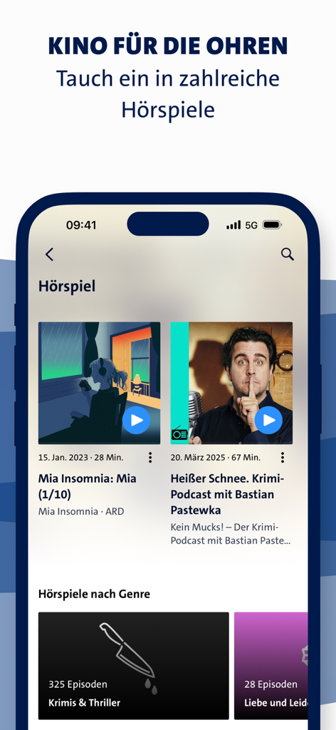 ARD Audiothek - Oberfläche der ARD Audiothek App, die deutsche Hörspiele und Krimi-Podcast-Genres präsentiert