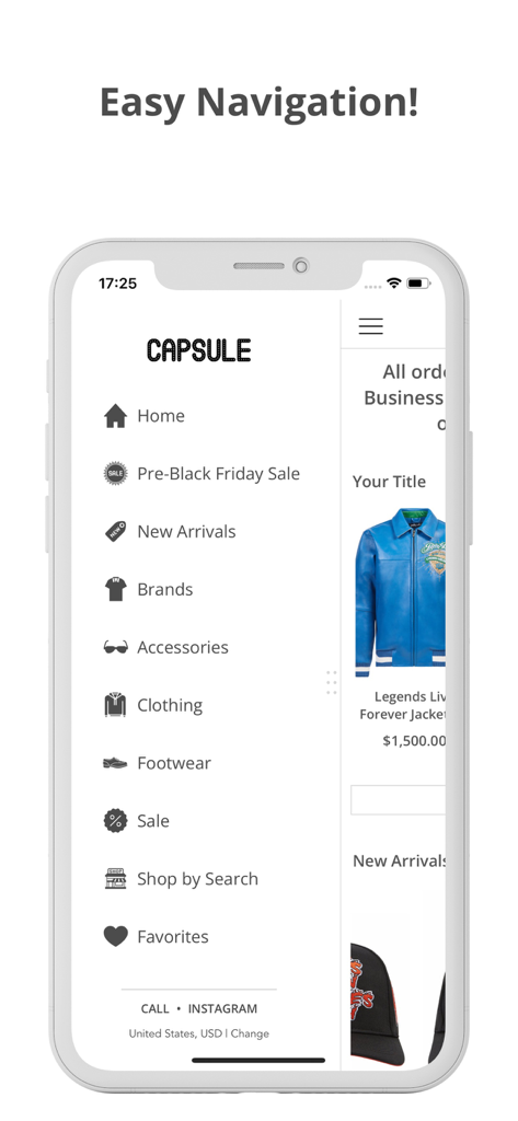 Capsule Clothing Store app navigation menu showing shopping categories on an iPhone screen