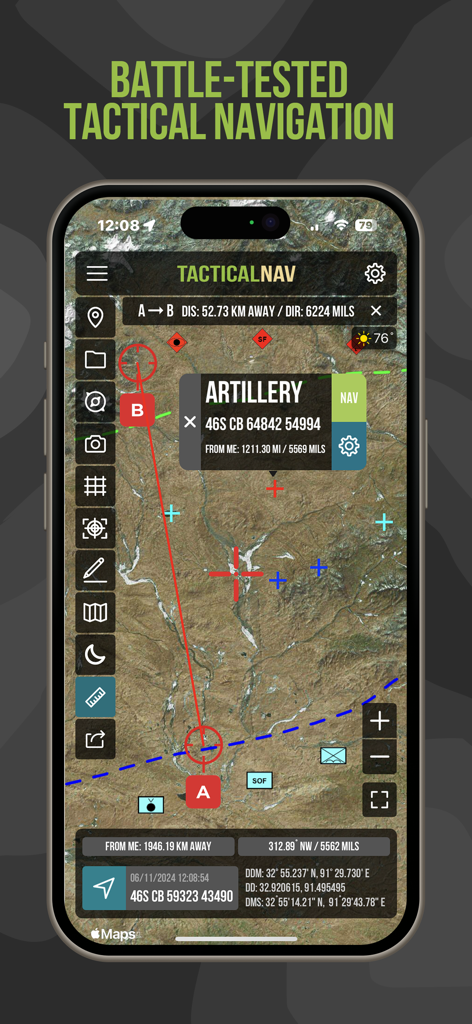 Tactical NAV - Tactical NAV app interface showing satellite map with MGRS coordinates and artillery waypoint