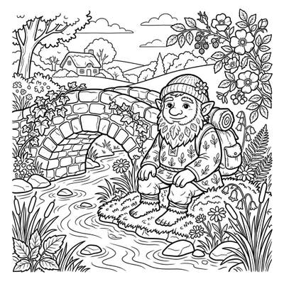 Step into a world of whimsical charm with this cottagecore bridge troll coloring page. Discover a friendly troll relaxing by a rustic stone bridge, surrounded by the tranquil beauty of nature.
