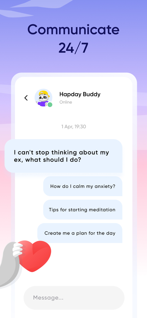 A 24/7 AI coaching chat interface in the Hapday app for personalized life guidance and mental wellness.