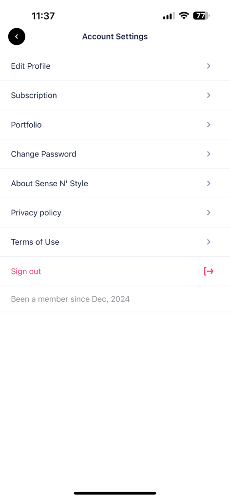 Sense N' Style - Pantalla de configuración de cuenta de la app Sense N Style mostrando opciones para el perfil, suscripción y gestión de portafolio.