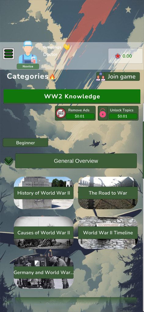 World War 2 Knowledge Quiz - L'écran de sélection des catégories de l'application Quiz de connaissances sur la Seconde Guerre mondiale présentant des thèmes historiques comme le Chemin vers la guerre et la chronologie de la 2nde GM.