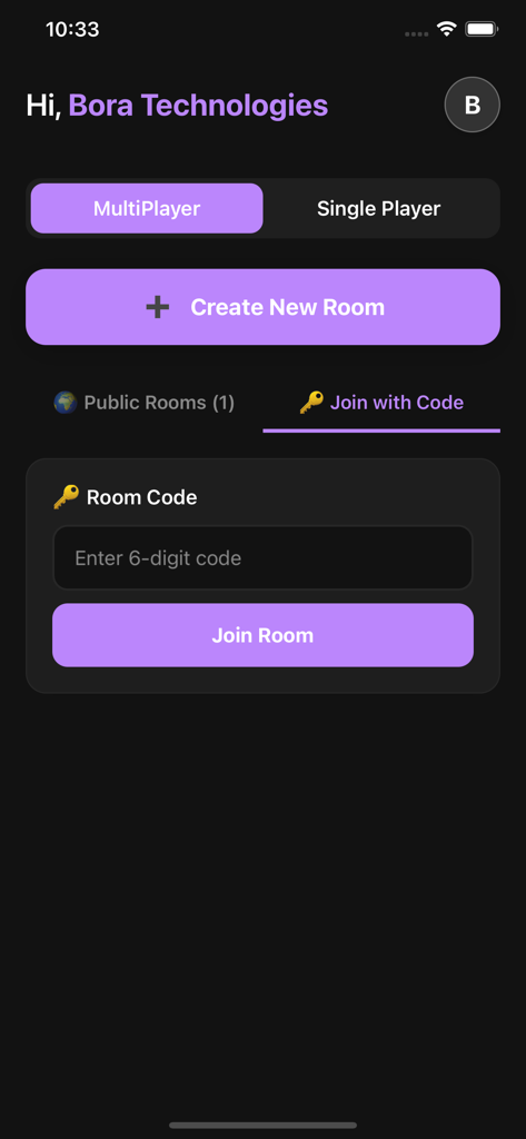 Name Place Animal Thing - App screen showing options to create a new room or join a game with a room code.