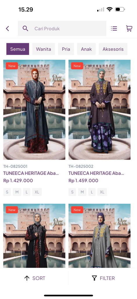 Tuneeca - A product catalog page of the Tuneeca app featuring modern ethnic abayas and modest clothing for women.
