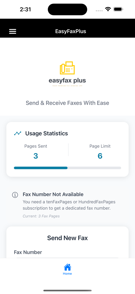 Easy Fax Plus - Panel de control de la aplicación Easy Fax Plus que muestra estadísticas de uso y opciones de envío de faxes.