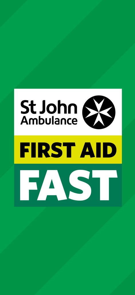Tela de apresentação do aplicativo SJA First Aid Fast com o logotipo da St John Ambulance