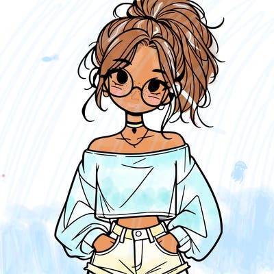 girl with a messy ponytail glasses a baggy crop top and jean shorts