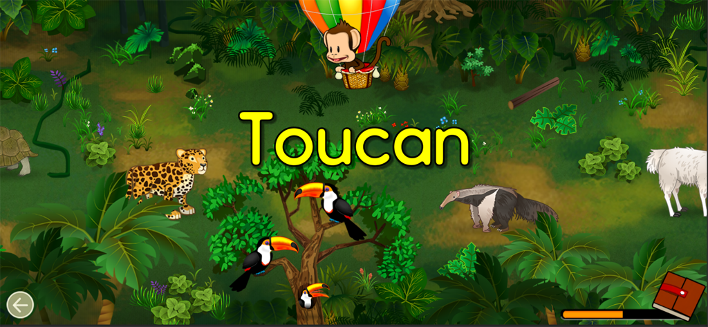 Monkey Preschool Animals - Screenshot of Monkey Preschool Animals showing Milo the monkey in a balloon above a jungle scene with toucans and a jaguar