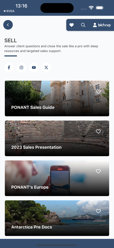 PONANT Explorer - The Sell screen of the PONANT Explorer app showing luxury cruise sales guides and expedition documentation for travel advisors.
